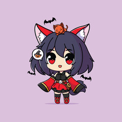 A Cute Girl in Halloween Party Outfit, Orange Cat, Pumpkin and Bat. Cute Witch Female Cartoon Icon Illustration. People Halloween Icon Concept Isolated 