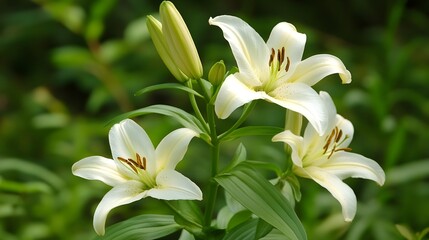 Obraz premium Beautiful Lily Flowers Blooming in Verdant Garden with Green Leaves