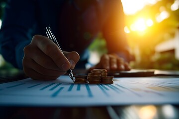 A person writes on a financial document, with coins stacked and a calculator nearby, set against a warm sunset background.