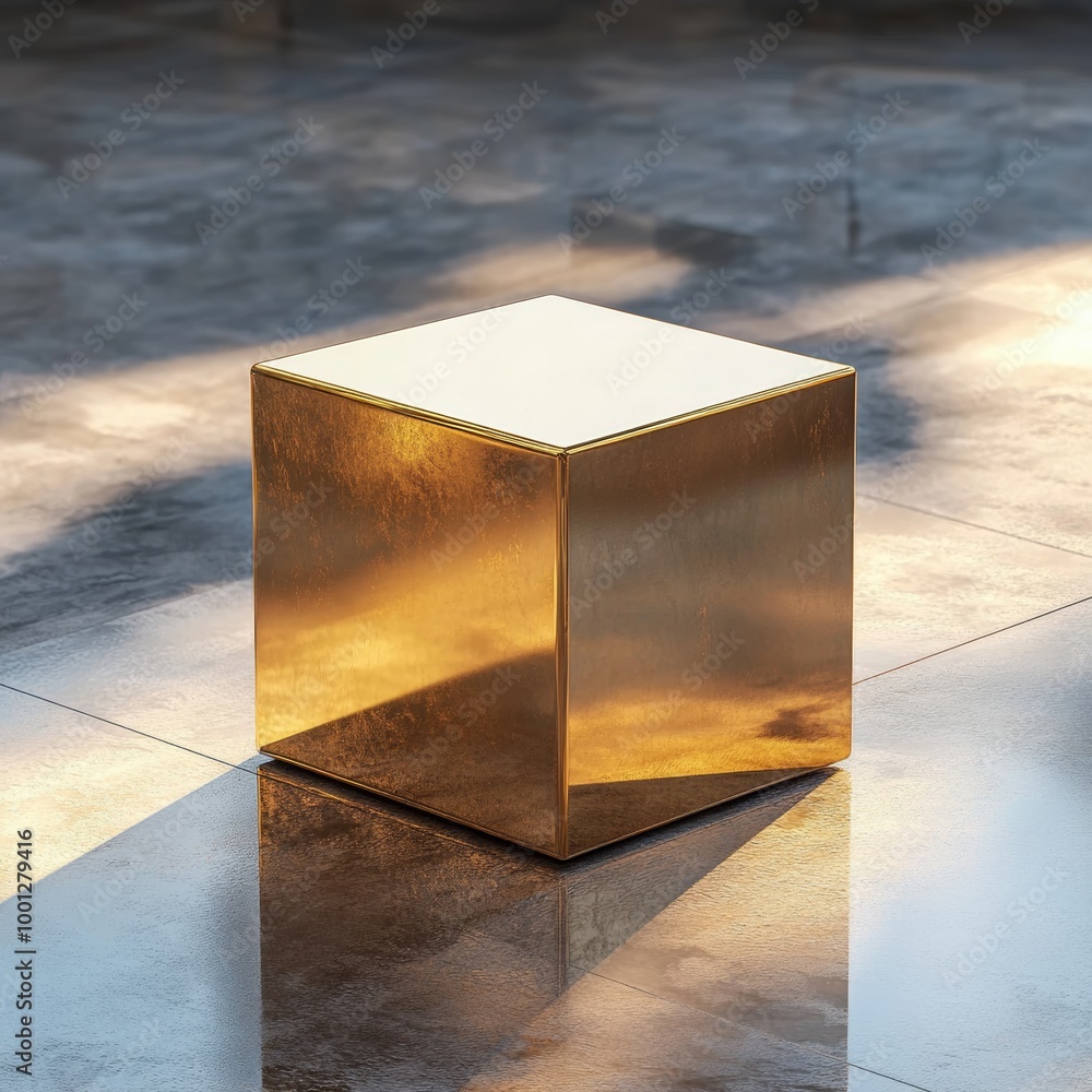 Poster a three-dimensional golden cube placed on a reflective surface, with soft shadows enhancing its luxu