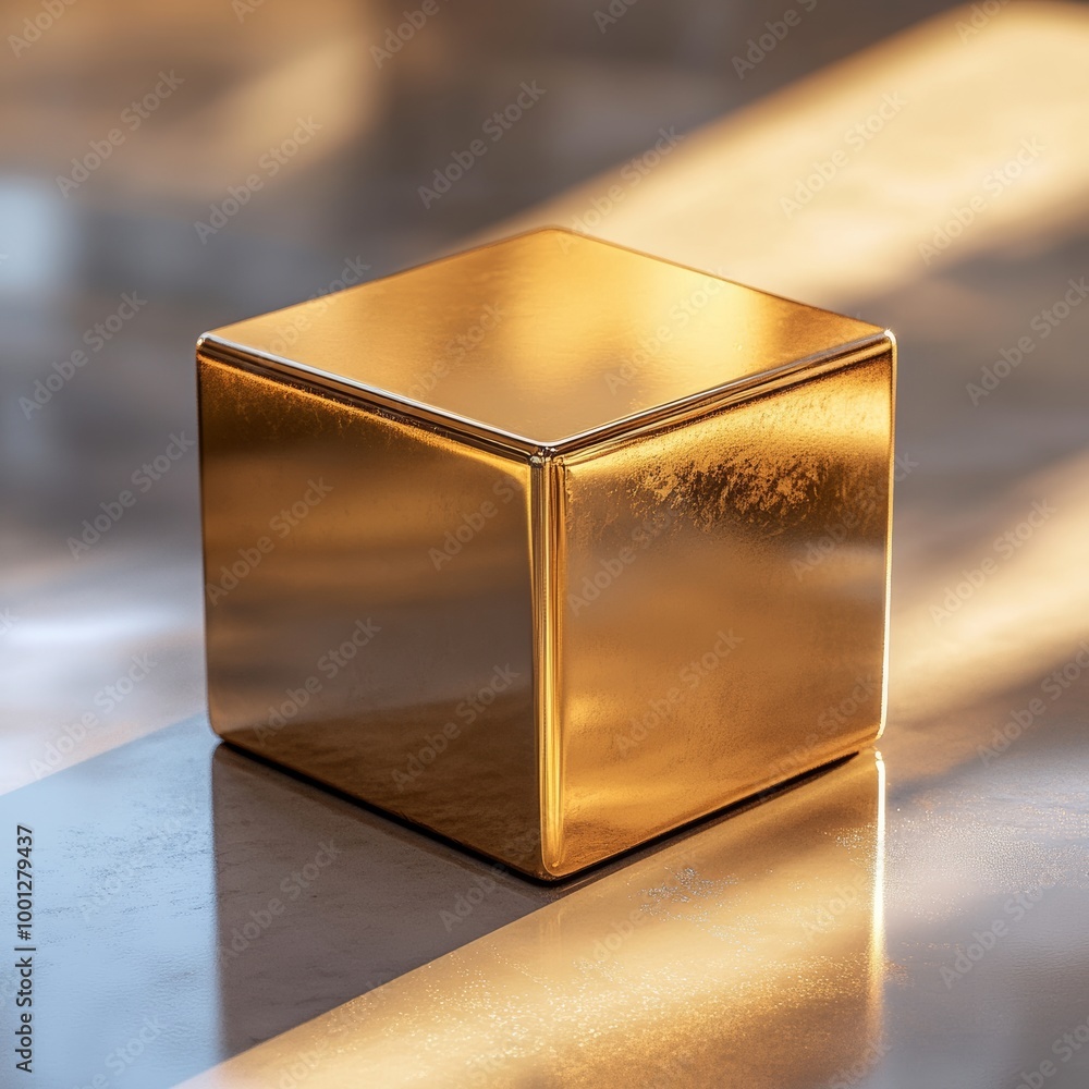 Poster a three-dimensional golden cube placed on a reflective surface, with soft shadows enhancing its luxu