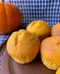 Autumn pumpkin muffins. Sweet and healthy dessert. Food made from organic products