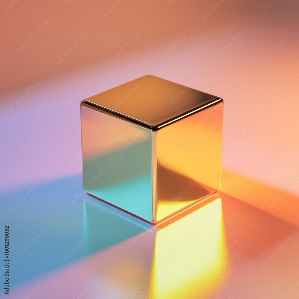 Poster a three-dimensional golden cube with soft reflections, set against a colorful gradient backdrop, enh