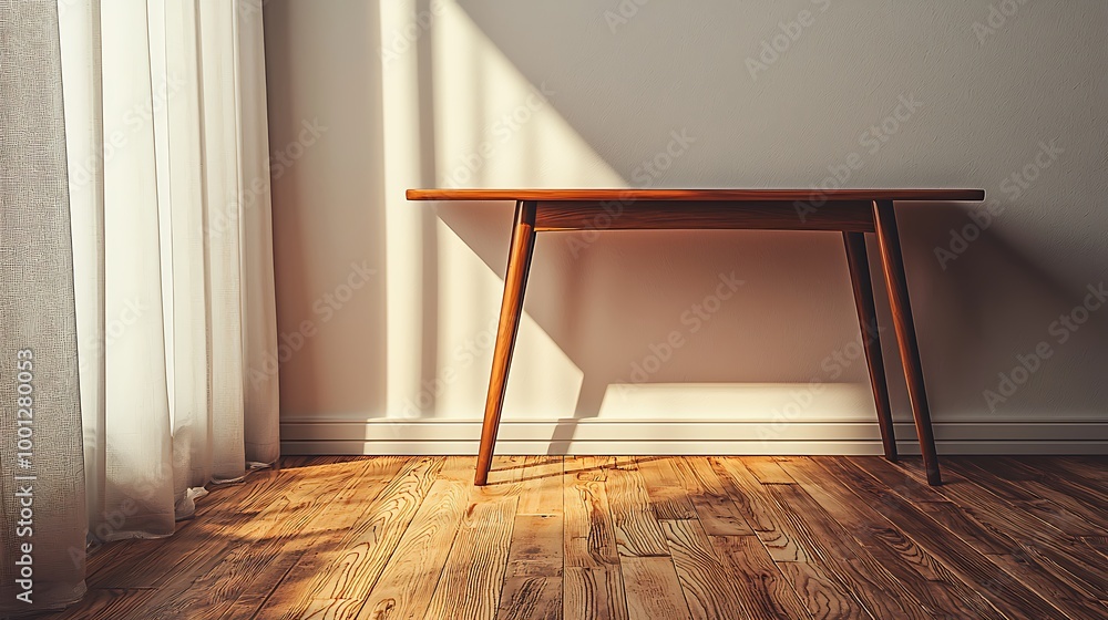 Poster a simple wooden table stands in an empty room, sunlight streaming in to create an inviting ambiance.