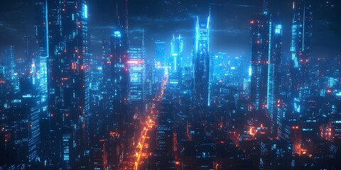 Fototapeta premium Futuristic cityscape at night is illuminated by glowing blue neon lights and digital network overlays, highlighting high-tech architecture and urban technology in a cyberpunk aesthetic.