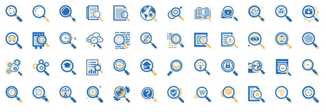 magnifying glass themed icon collection, explore reveal discover uncover
