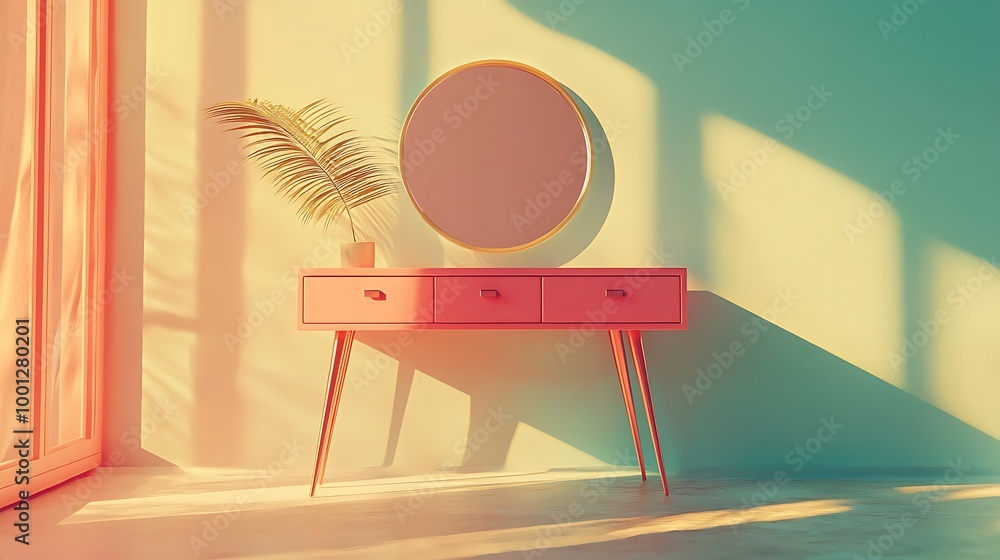 Poster a minimalist dressing table with a palm leaf and a mirror, set in soft light, radiates simplicity an