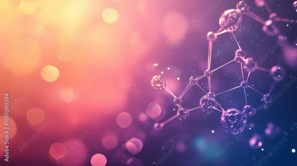 Poster abstract background featuring molecules and chemical structures illuminated by colorful light in a d