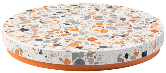 White terrazzo empty round podium with orange,  gray, beige speckled surface and smooth orange base. Product display isolated on transparent background.