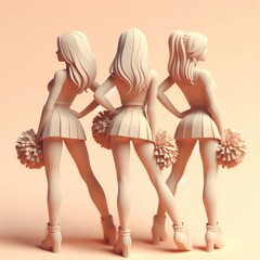 Three 3D cheerleader models standing with their backs. 3D minimalist cute illustration on a light background.