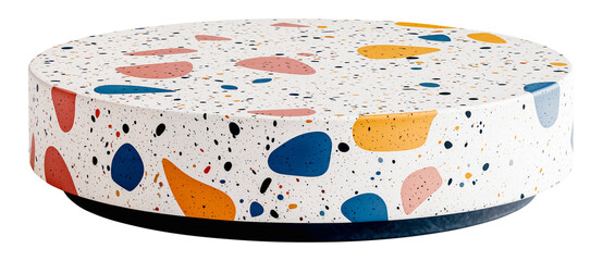White terrazzo empty low round podium with large pink, blue, yellow, and orange speckles. Product display isolated on transparent background.