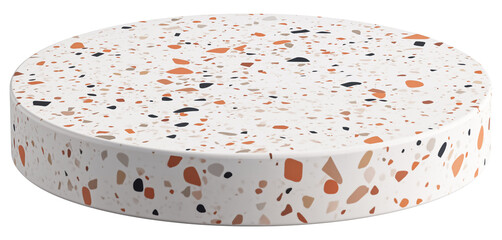 White terrazzo empty low round podium with orange, black, beige speckled surface. Product display isolated on transparent background