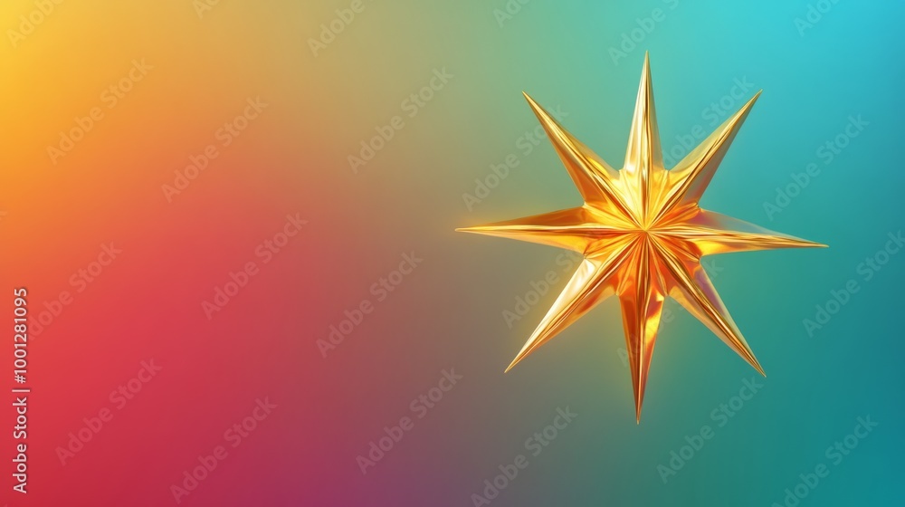Poster a vibrant gold starburst shape with glowing edges, positioned in front of a colorful gradient backgr