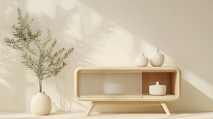 A minimalist living room features a wooden cabinet, a green plant, and white vases, embodying serene simplicity.