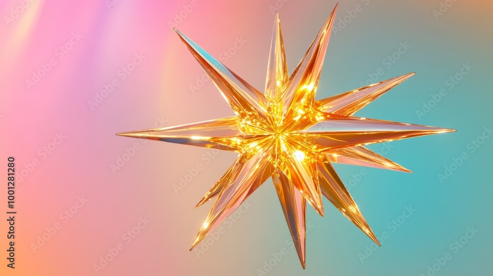 Poster a vibrant gold starburst shape with glowing edges, positioned in front of a colorful gradient backgr