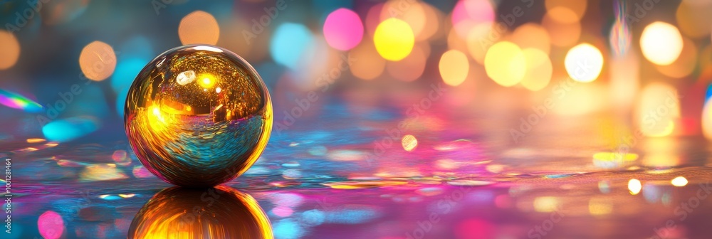 Poster a vibrant golden sphere resting on a colorful surface, reflecting soft light and creating a joyful a