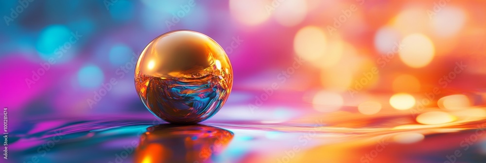 Poster a vibrant golden sphere resting on a colorful surface, reflecting soft light and creating a joyful a