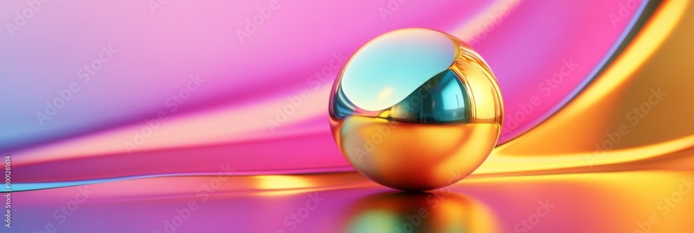 Poster a vibrant golden sphere resting on a colorful surface, reflecting soft light and creating a joyful a