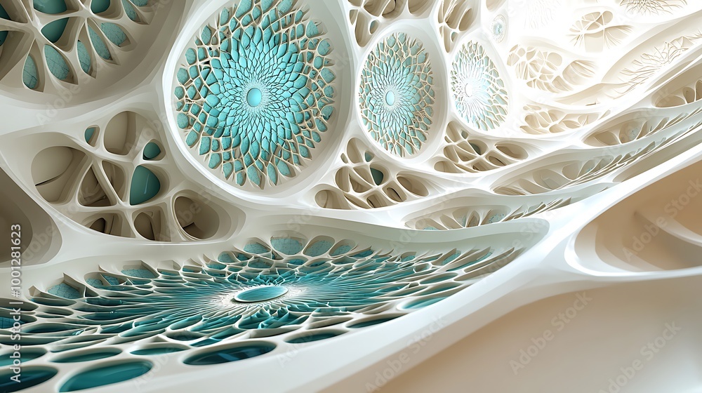 Poster an abstract architectural design features white and blue geometric shapes, forming a dynamic composi