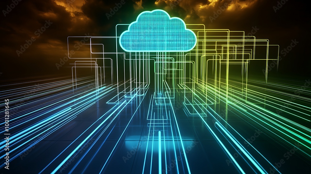 Poster A cloud computing concept with glowing lines and a cloud symbol.
