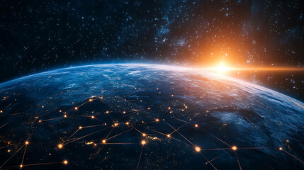 Obraz premium A digital illustration of planet Earth from space with glowing lines connecting cities and a sunrise behind it.