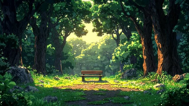 Empty park bench in a peaceful forest clearing with sunlight. Seamless looping 4K video background