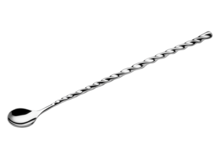 Long twisted bar spoon made of stainless steel, isolated on a white background. PNG transparent.