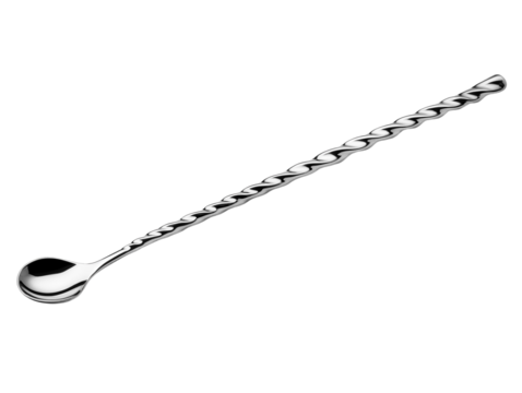 Long twisted bar spoon made of stainless steel, isolated on a white background. PNG transparent.