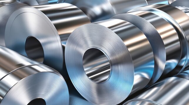 Close-up of shiny metal coils, industrial production, manufacturing, metalworking, construction materials.