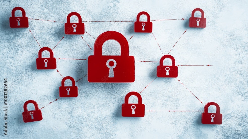 Poster red padlock icons connected by lines on a white background, representing a network security concept.