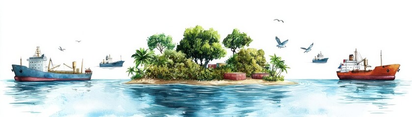 Economic sanctions, isolated island with ships circling, Watercolor style