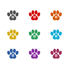 Dog house and paw print pet icon isolated on white background. Set icons colorful