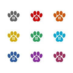 Fototapeta premium Dog house and paw print pet icon isolated on white background. Set icons colorful