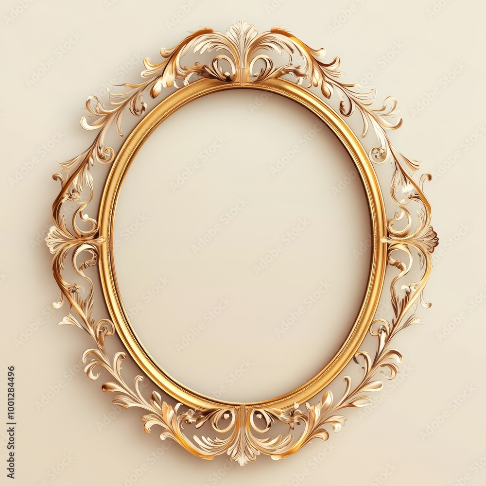 Poster an elegant gold oval frame with intricate patterns, set against a soft pastel background, ideal for 
