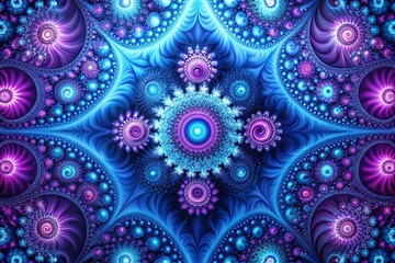 Vibrant digital fractal patterns in shades of blue and purple swirl together to create a mesmerizing and futuristic
