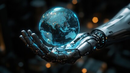 Futuristic robotic hand holding digital globe with technology data overlay