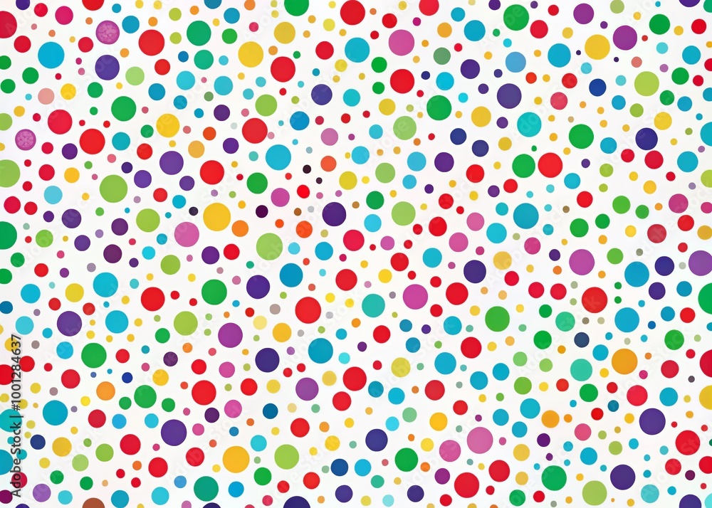 Poster vibrant dots of various sizes and colors scatter across a bright white background, creating a playfu
