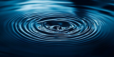 Blue-toned water droplet impact creates concentric ripples in a high-speed macro shot, emphasizing liquid surface tension and crystal-clear detail in a minimalist composition.
