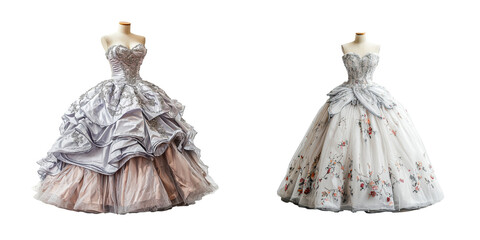 Obraz premium A couture ball gown with voluminous skirt and intricate beadwork, fairy tale style, isolated on white and transparent background