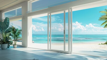 Elegant aquamarine beachfront villa with large glass doors, overlooking the serene blue sea and sandy shore.