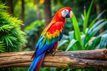 Obraz premium Vibrant, exotic macaw perches on a rustic wooden branch against a blurred, verdant jungle backdrop, showcasing its