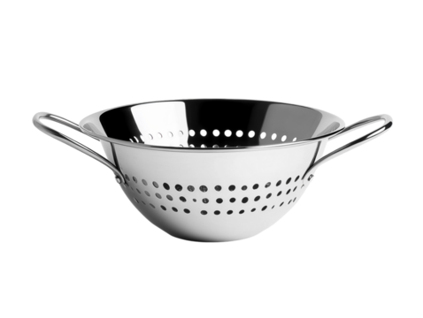 Metal colander with handles, stainless steel, used for straining, on a white background. PNG transparent.