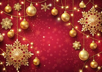 Vibrant festive background featuring golden ornaments, snowflakes, and subtle holiday lights on a soft crimson red