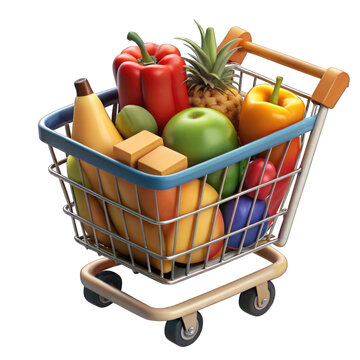 recommend clip art: Vegetables in shopping cart, Grocery cart with fruits other products from the supermarket cartoon style png