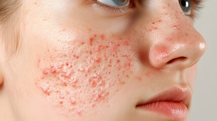 Closeup of Teenager's Skin Showing Acne Breakout and Redness on Nose and Cheek