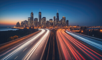 Fototapeta premium A long exposure of traffic speeding along a highway in a city at night