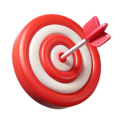 Red bullseye dart arrow hitting target center of dartboard. Concept of success, target, goal, achievement. Cartoon style cutout PNG