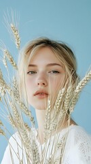 Woman's Face Close-Up, with Wheat, Minimalist, Abstract Image, Texture, Pattern Background, Wallpaper, Cover and Screen of Smartphone, PC, Laptop, 9:16 and 16:9 Format