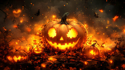Fototapeta premium Fiery Jack-o'-Lanterns Illuminate the Autumn Night with Enchanting Glow
