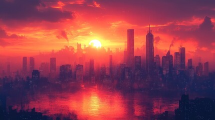 A stunning cityscape silhouette at sunset, with vibrant red and orange hues painting the sky, reflecting in the water.